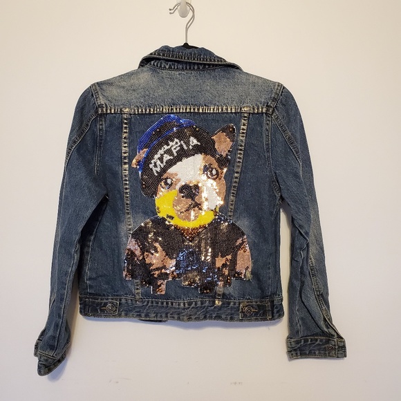 Puppy Mafia sequin jean jacket ripped up w/ studs - Picture 1 of 7